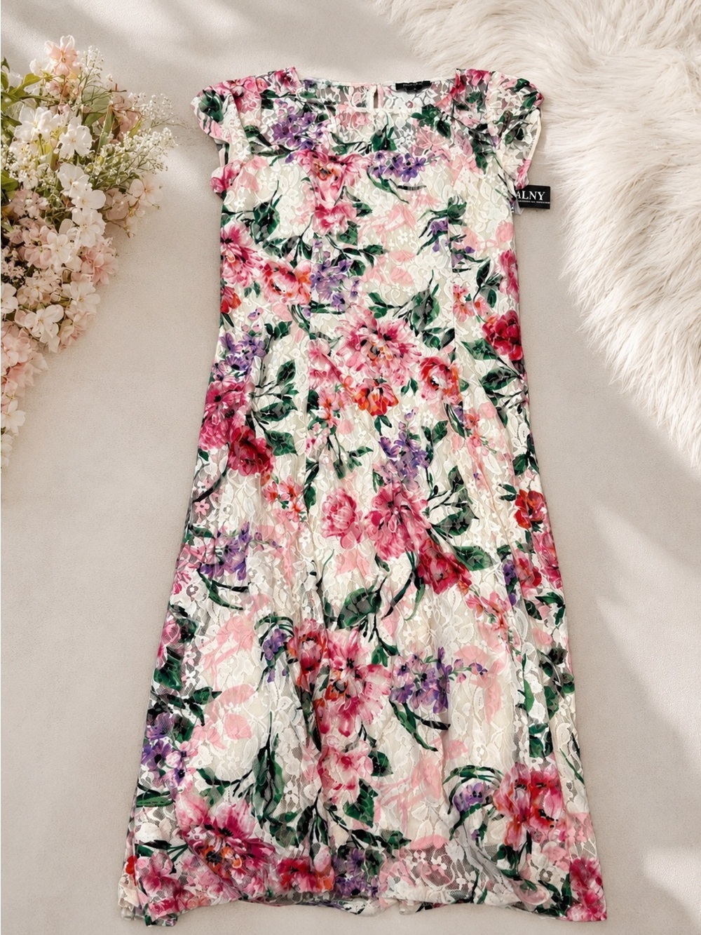 SLNY White Floral Lace Maxi Dress with Pink, Green & Purple Print